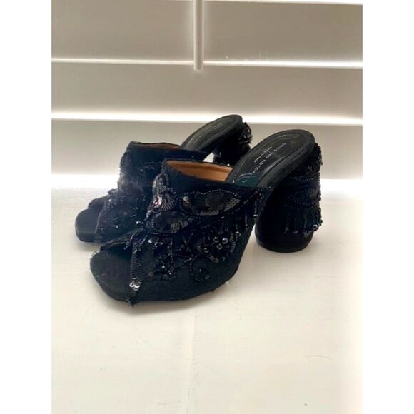 NIB Dries Van Noten Black Beaded Flaminco Fringe Chunky Heels Sandals 8 - Picture 1 of 10